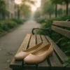 Nude μπαλαρίνες τοποθετημένες σε παγκάκι πόλης με ήπιο φωτισμό και πράσινο.